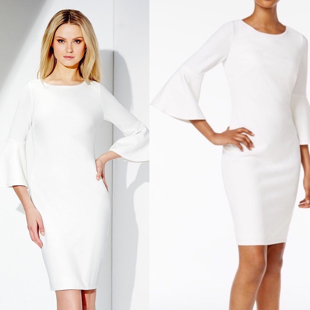 Calvin Klein: Bell Sleeve White Sheath Dress